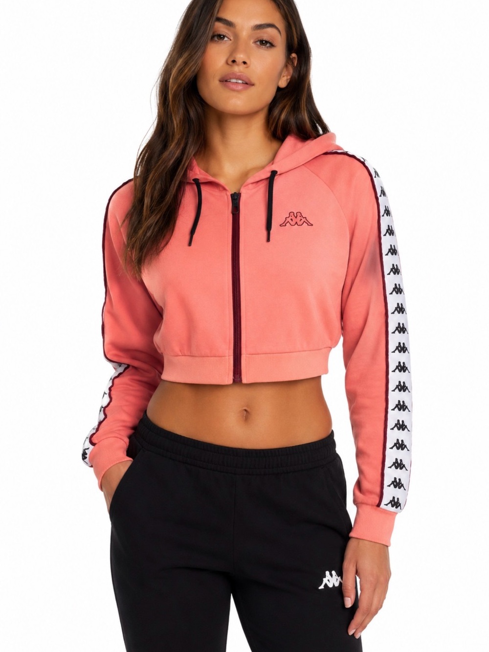 Kappa Women’s Coral Cropped Zip Hoodie with Logo Tape
